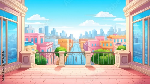 cartoon illustration stunning view of the city skyline. The terrace is decorated with green plants and pink tiles, creating a contrast with the urban landscape.