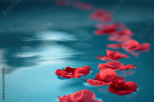 Red flower petals in pool water. Background image. Created with Generative AI technology