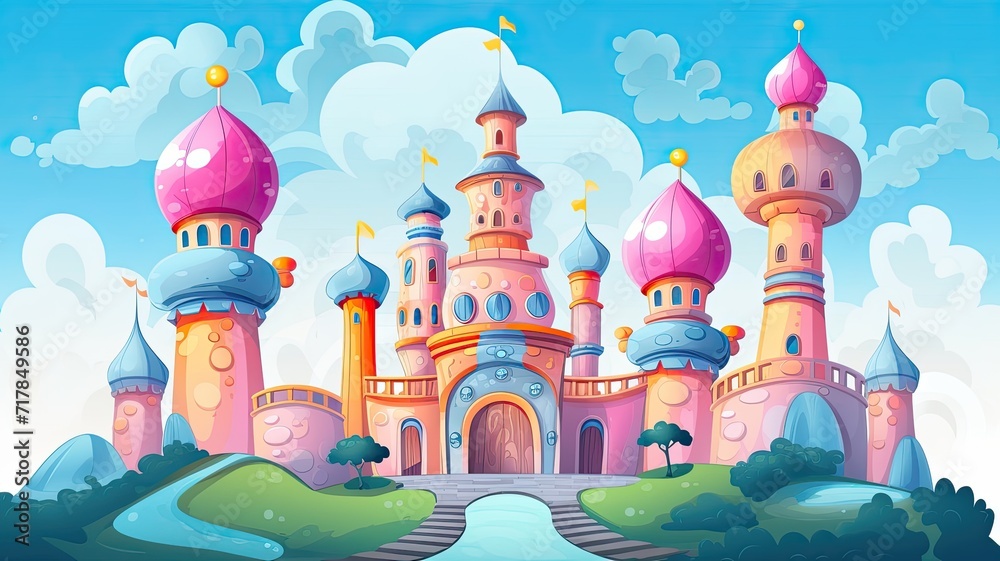 cartoon illustration Fantasy castle with towers on the island.