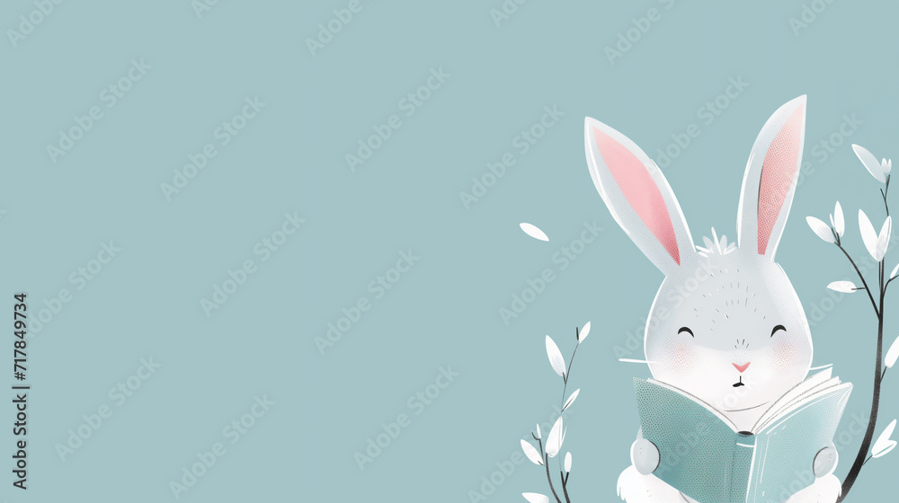 Mint background with a rabbit character reading a book Mint background with a rabbit character reading a book