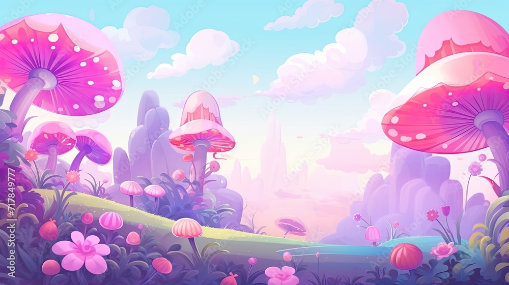 cartoon illustration Fantasy landscape with magical plants and mushrooms. cartoon illustration Fantasy landscape with magical plants and mushrooms.