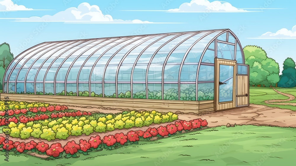 cartoon illustration Farm panorama with a greenhouse, cartoon illustration Farm panorama with a greenhouse,