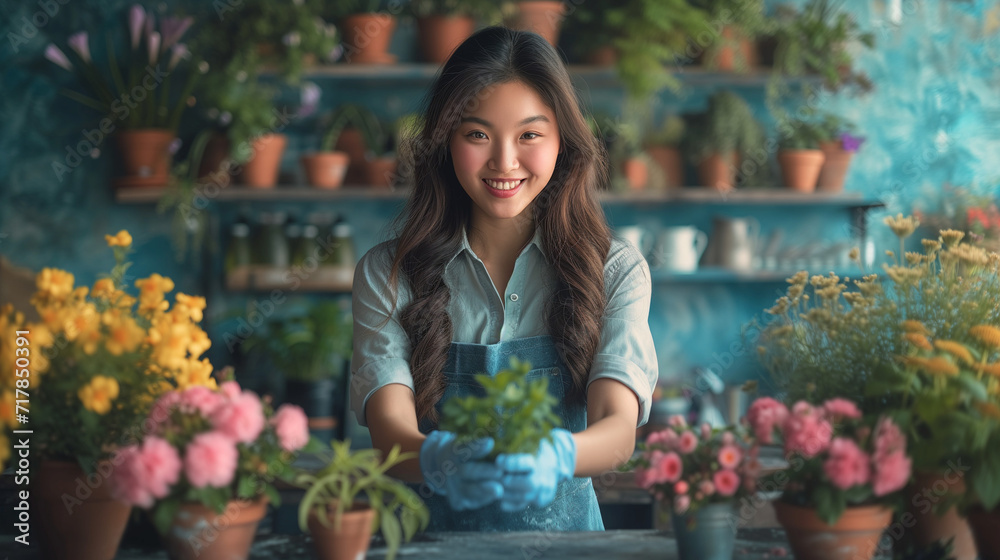 asian woman smiling  in the flower shop