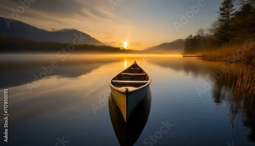 Paddle into Peace: Canoeing at Dawn on a Calm Lake, Embraced by the Gentle Serenity of Sunrise. photo