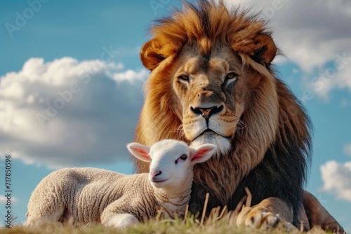 A lion and a lamb sit together against the sky background. God  christianity concept