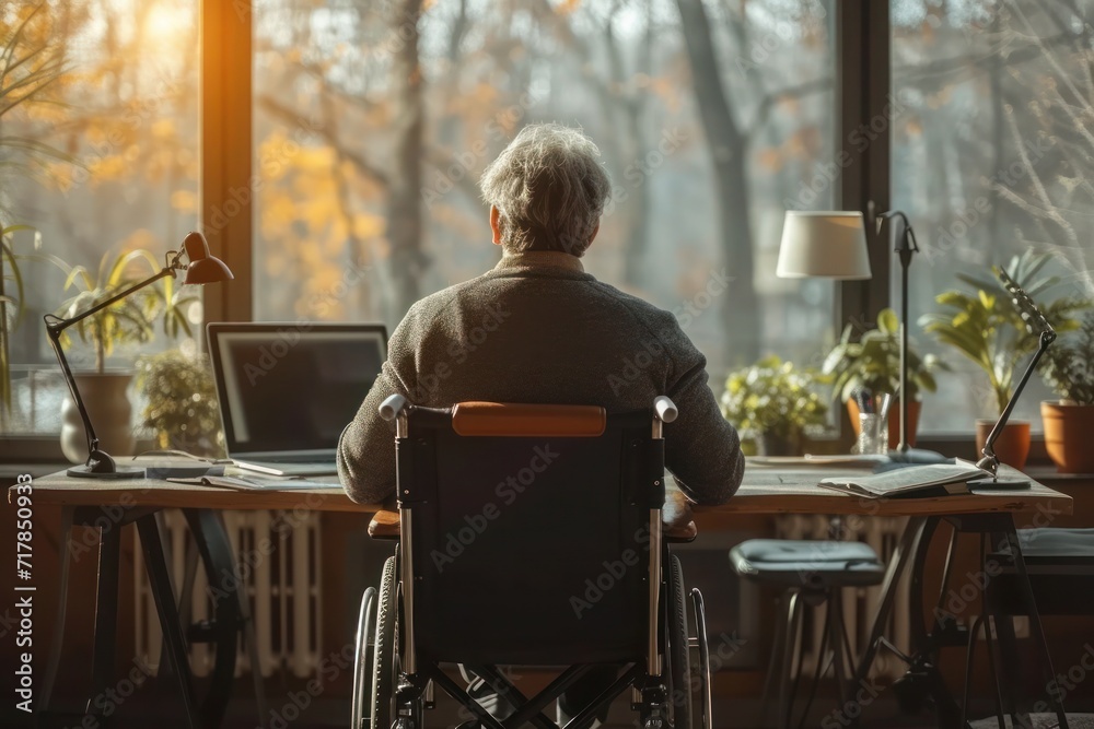 Man in a wheelchair using laptop in a home office. Disabilities in the workplace concept. Man in a wheelchair using laptop in a home office. Disabilities in the workplace concept.
