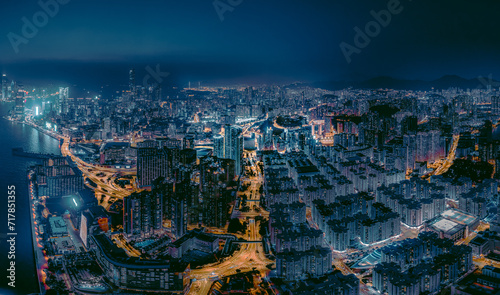 Photography Hong Kong city aerial view at sunset
