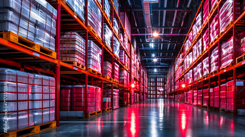 Industrial Warehouse Interior: Shelves Stocked with Boxes, Symbolizing Storage, Logistics, and Distribution