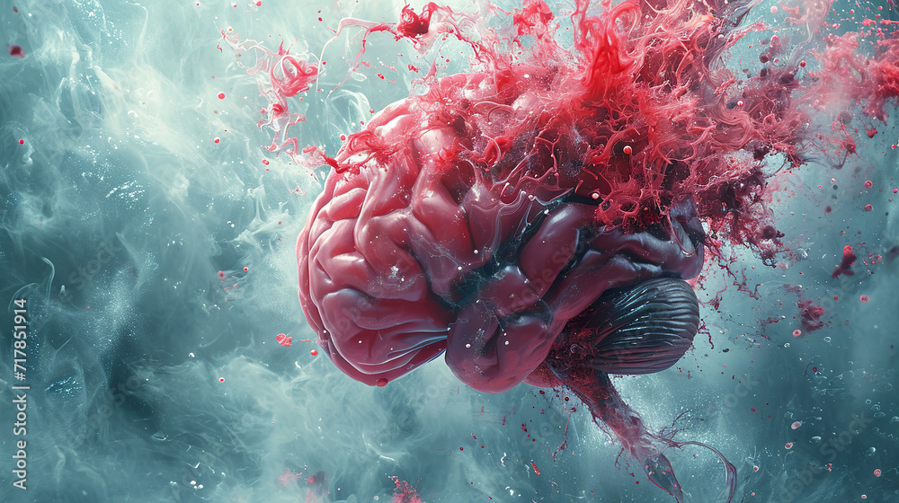 Surreal illustration of human brain with explosion of chaotic shapes symbolized epilepsy.  - obrazy, fototapety, plakaty 