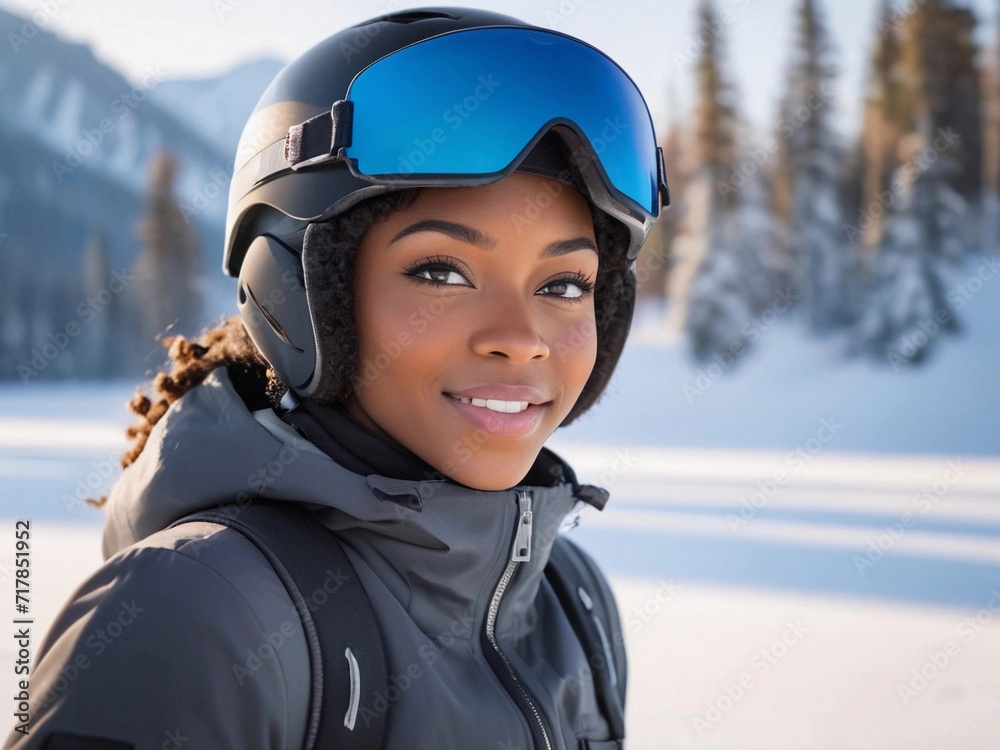 Portrait of a beautiful black young woman skiing with a helmet outdoors in the winter snowy season Portrait of a beautiful black young woman skiing with a helmet outdoors in the winter snowy season