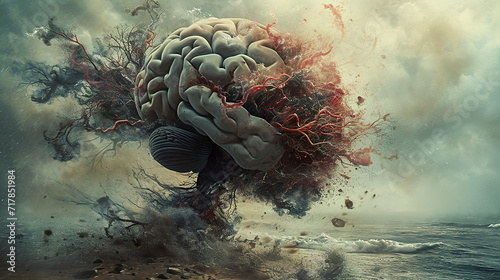 Surreal illustration of human brain with explosion of red and black elements symbolized epilepsy.  photo