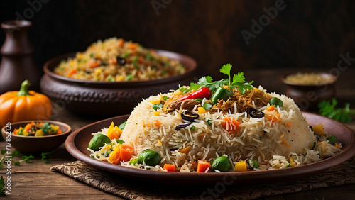 Plate of vegetable biryani served on a traditional plate with a side view the vibrant colors of the assorted vegetables and the aromatic basmati rice