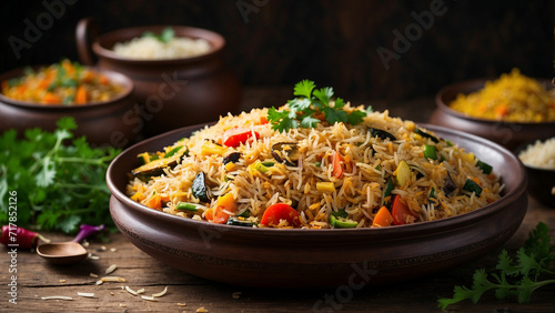 Plate of vegetable biryani served on a traditional plate with a side view the vibrant colors of the assorted vegetables and the aromatic basmati rice photo