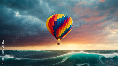 colorful hot air balloon in the sky flying over an ocean with large stormy waves
