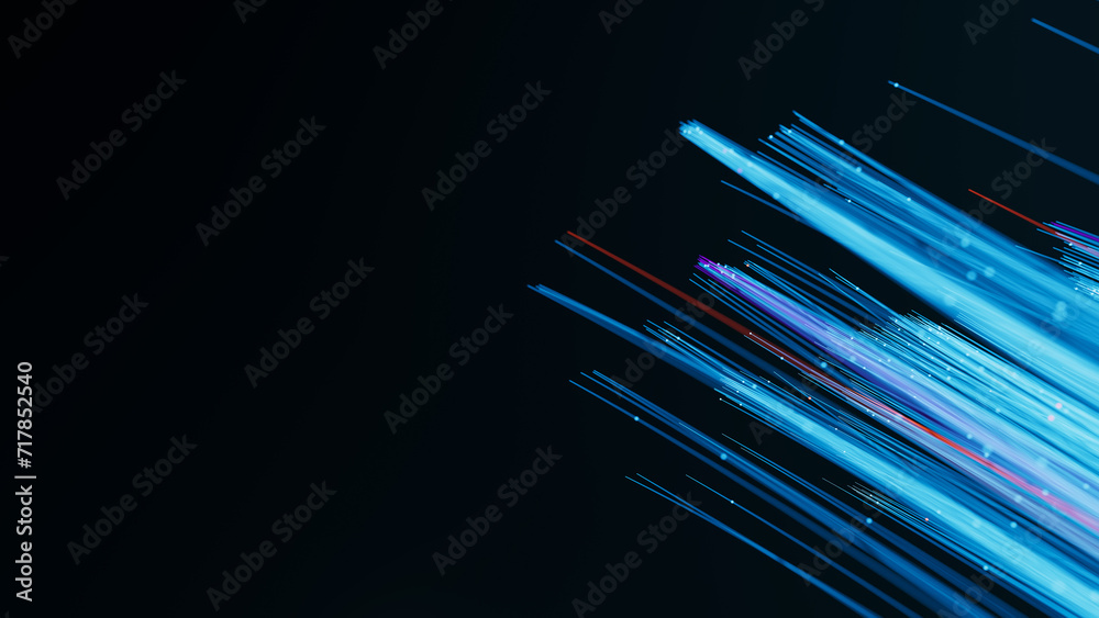 Illuminated straight fiber optic cables with moving data. Glowing internet data streams. Digital transmission. 3d render illustration Illuminated straight fiber optic cables with moving data. Glowing internet data streams. Digital transmission. 3d render illustration