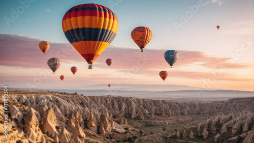 Colorful hot air balloons in sky flying over Cappadocia tourist site photo