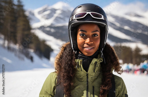 Portrait of a beautiful black young woman skiing with a helmet outdoors in the winter snowy season © mischenko