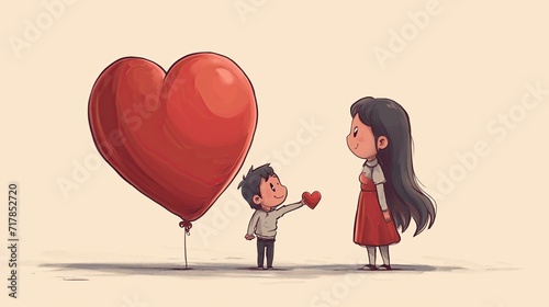 Illustration Valentine's Day. A girl and a boy are passing a red heart