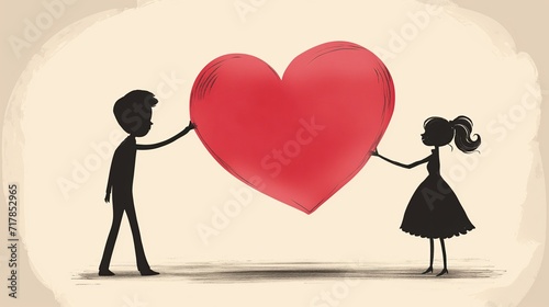 Illustration Valentine's Day. A girl and a boy are passing a red heart