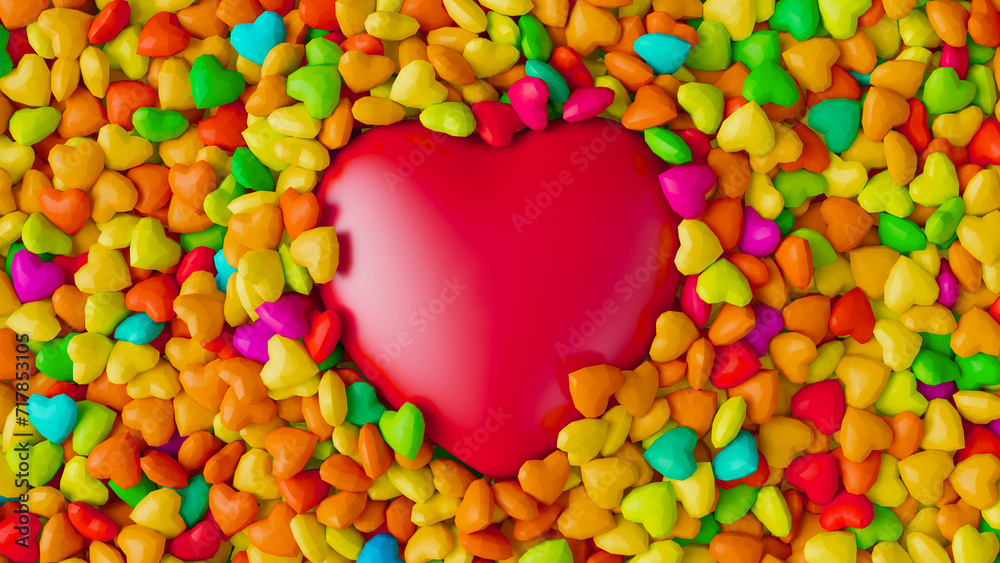 Big red heart pops from the pool with many colorful polygonal hearts. Valentines day. 3d render illustration Big red heart pops from the pool with many colorful polygonal hearts. Valentines day. 3d render illustration