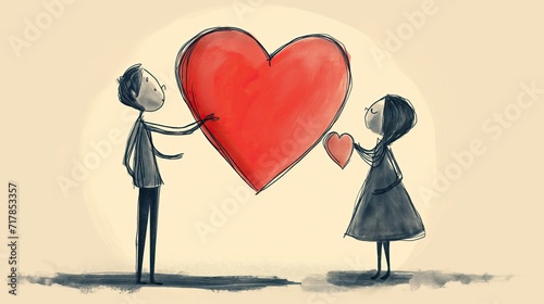 Illustration Valentine's Day. A girl and a boy are passing a red heart