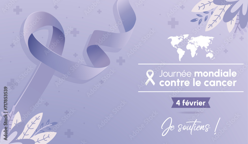 Journée mondiale de lutte contre le Cancer - 4 Février - Bannière de prévention et de lutte - Texte et illustrations vectorielles pour lutter contre la maladie - Lavande et violet - Ruban enroulé 