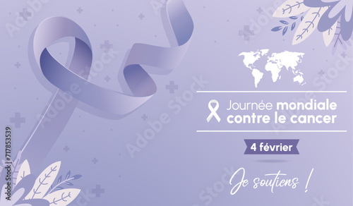 Journée mondiale de lutte contre le Cancer - 4 Février - Bannière de prévention et de lutte - Texte et illustrations vectorielles pour lutter contre la maladie - Lavande et violet - Ruban enroulé 