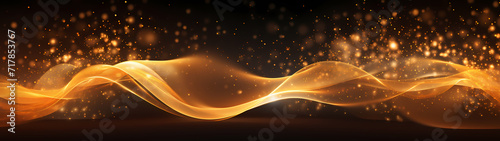 Digital golden particles wave and light abstract wide screen background with shining dots. 