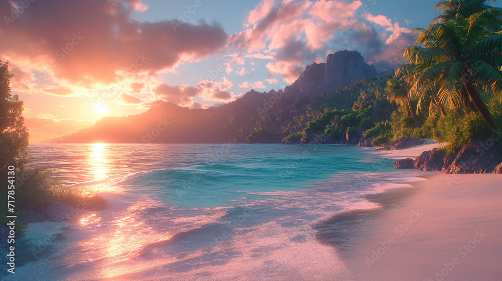 Illustration of a tropical beach paradise with white sand and lush palm trees