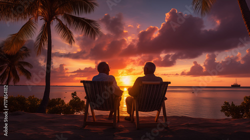 a couple of old men sitting on the seashore at sunset