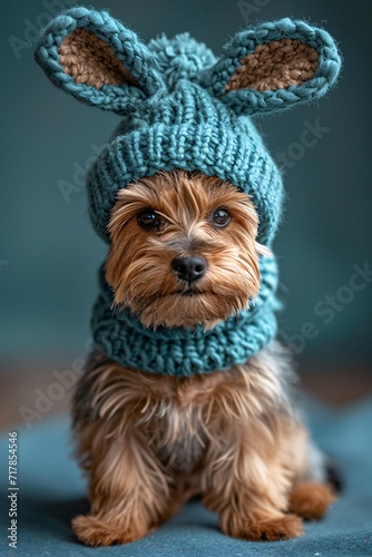 April Showers - A cute little dog wearing a blue knitted hat, looking up at the camera. Generative AI