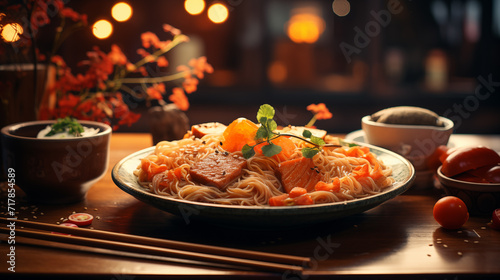 Chinese noodles in a restaurant, an Asian dish in the background of a café