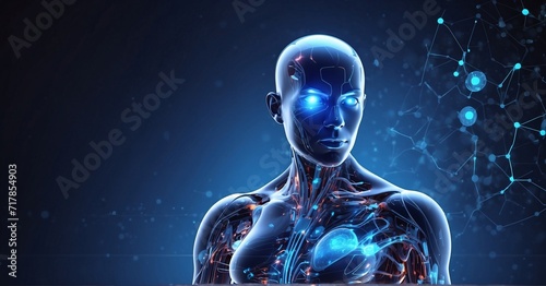 Human body with circulatory system hologram on dark background 3D rendering #717854903