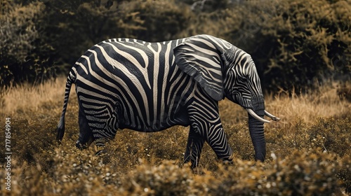 A unique elephant with zebra stripes