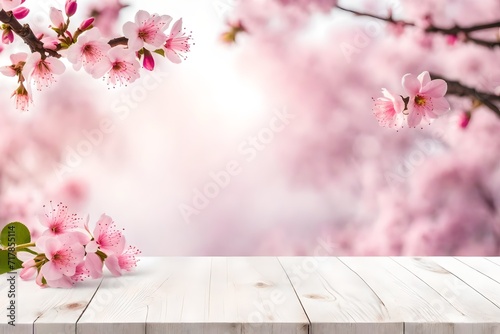 wooden table in pink cherry blossom