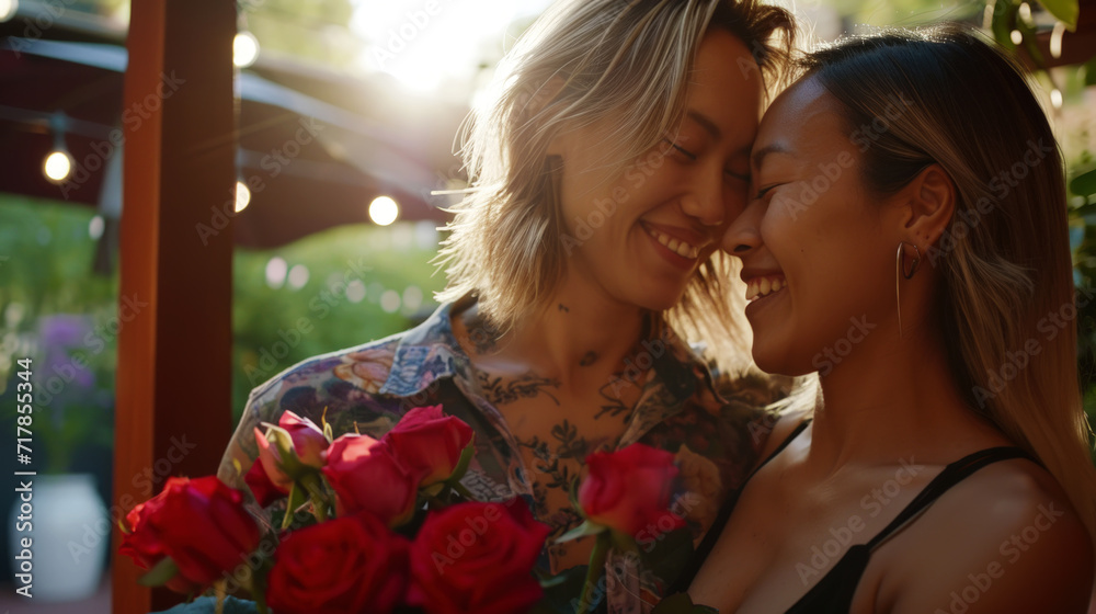 Obraz premium Close up of happy young lesbian couple together holding flowers. Engagement celebration. Pride concept. Generative AI
