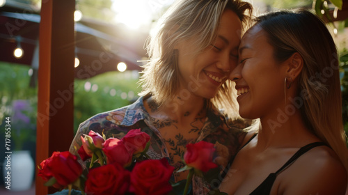 Close up of happy young lesbian couple together holding flowers. Engagement celebration. Pride concept. Generative AI