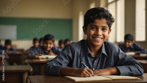 Smiling indian or arabian schoolboy sitting at desk at school classroom photo
