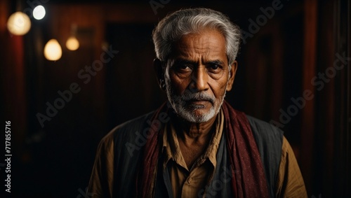 very serious indian old man posing in front of the camera on dark background
