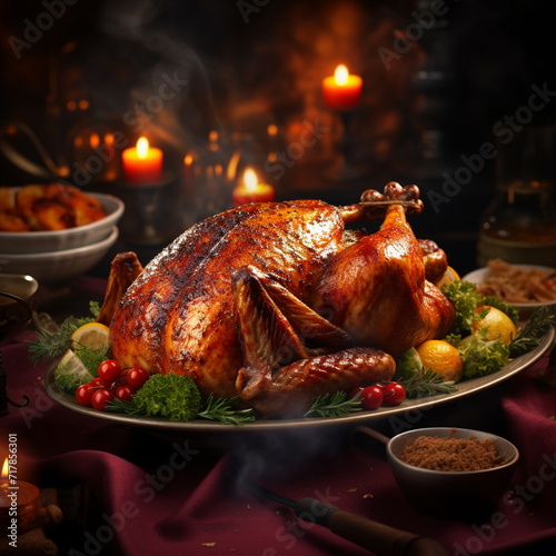 Baked Thanksgiving turkey standing on the holiday table created with Generative Ai