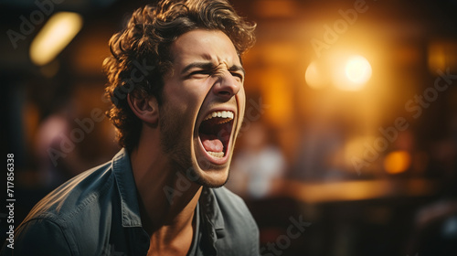 Angry man yelling, negative emotional feelings photo