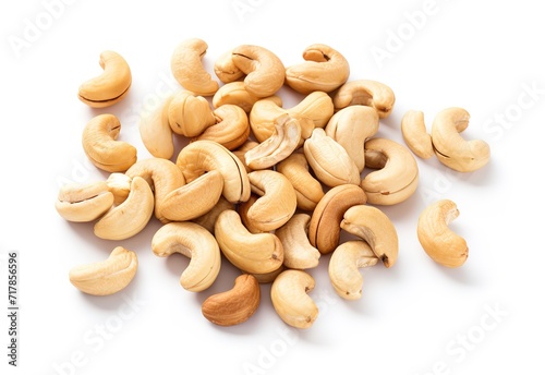 Sprinkling of Cashew nuts in photo on white Background. generative AI