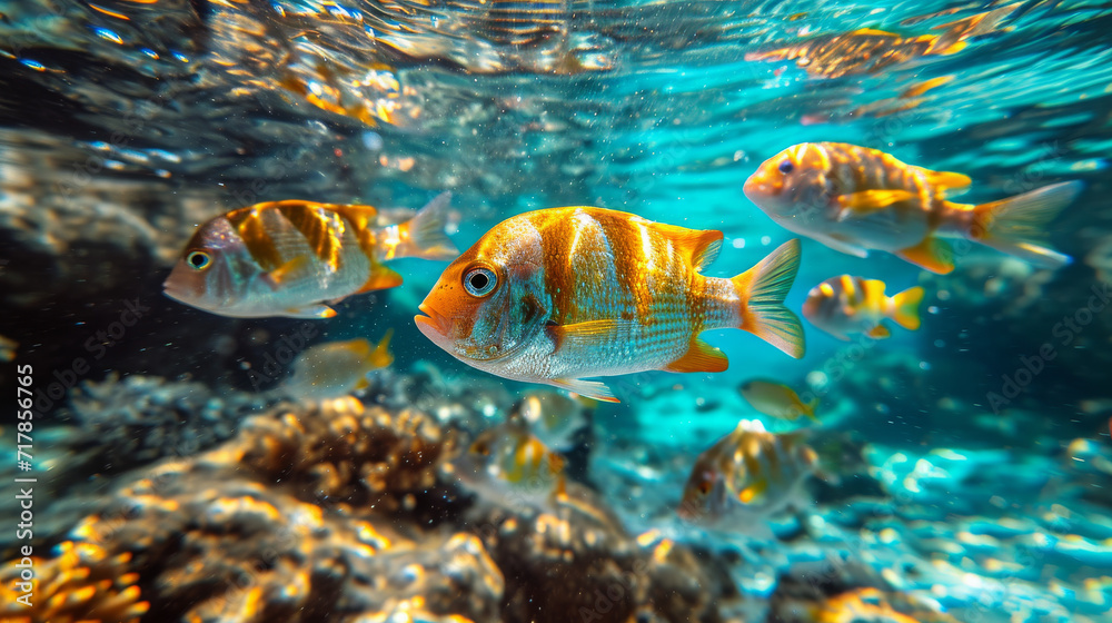 Naklejka premium Fish swimming in a ocean, Fish in the sea with clear water