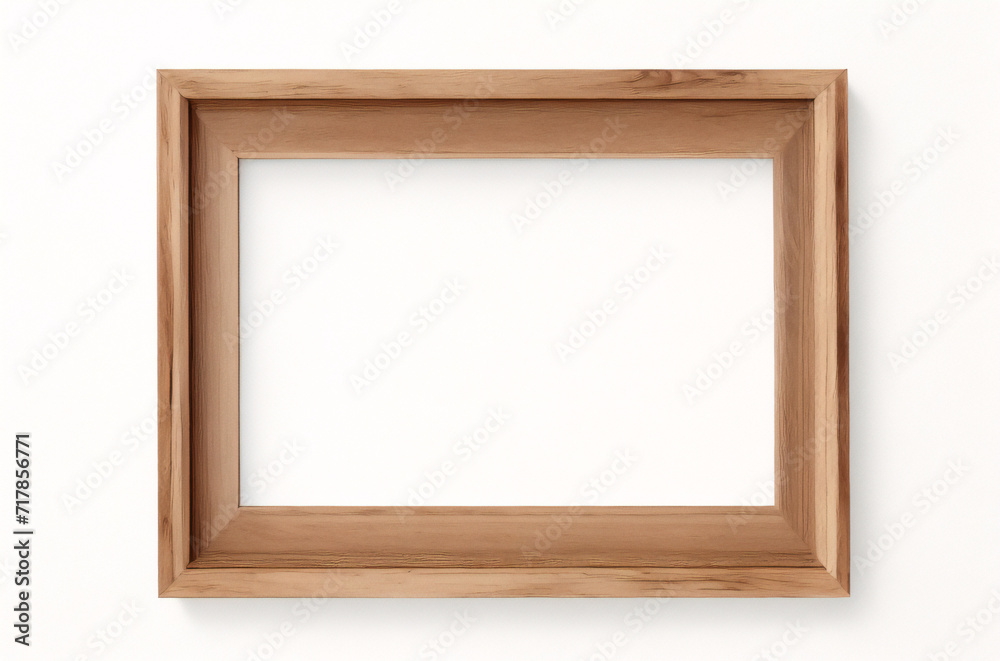 Marco vertical rectangular fino de madera clara colgado en una pared con textura blanca, plano, vista superior, ilustración 3D. Marco vertical rectangular fino de madera clara colgado en una pared con textura blanca, plano, vista superior, ilustración 3D.