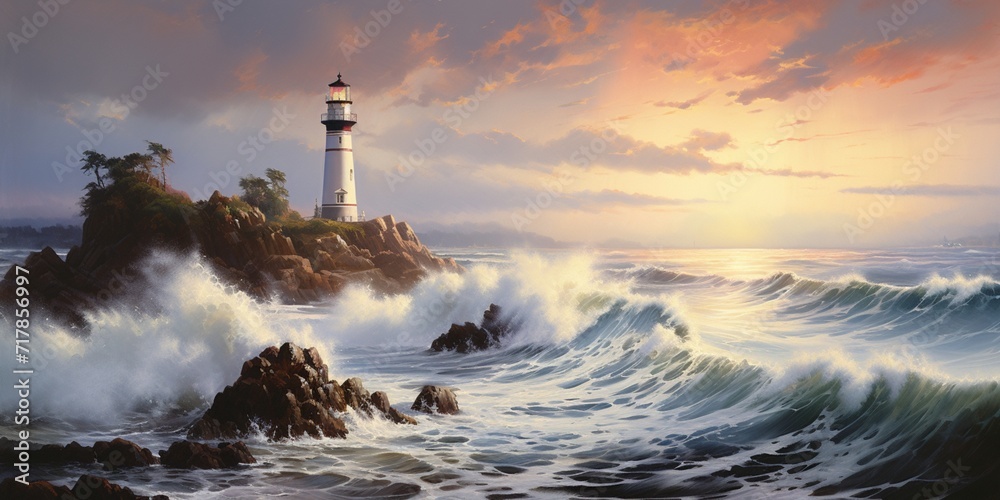 A coastal scene with a rocky shoreline, crashing waves, and a distant lighthouse standing tall against the elements.