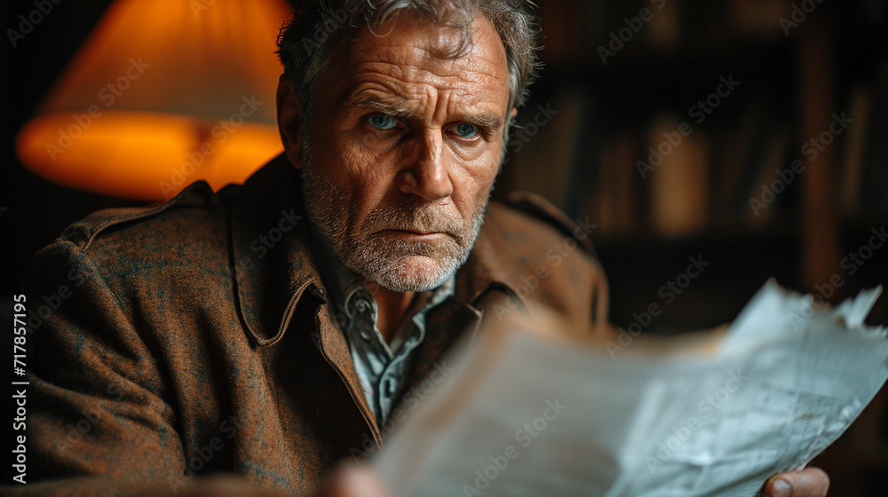An elderly detective examines documents related to a crime case An elderly detective examines documents related to a crime case