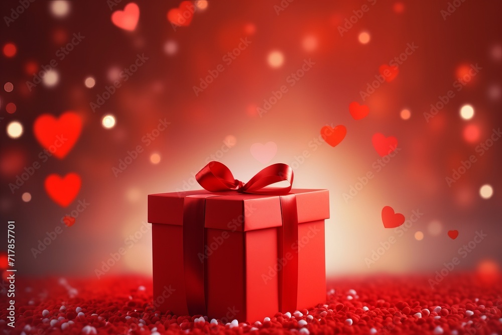 Red gift box on a red table with confetti in the form of hearts. Celebrating valentine's day, wedding, anniversary or birthday, love, copi space

