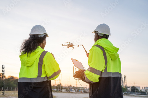 Team of Engineer Specialists Pilot Drone on Construction Site. Architectural Engineer and Safety Engineering Inspector Fly Drone at industrial plant.