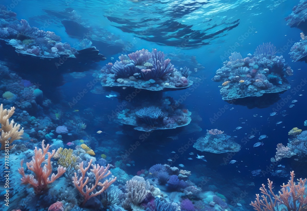 Fototapeta premium Blue fish swim deep in abstract reef generated