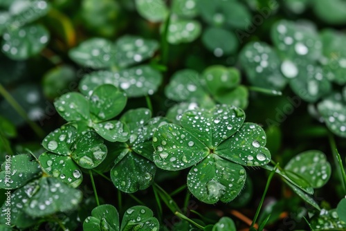Clover leaves washed by rain. St. Patrick's Day celebration, luck and fortune concept, 